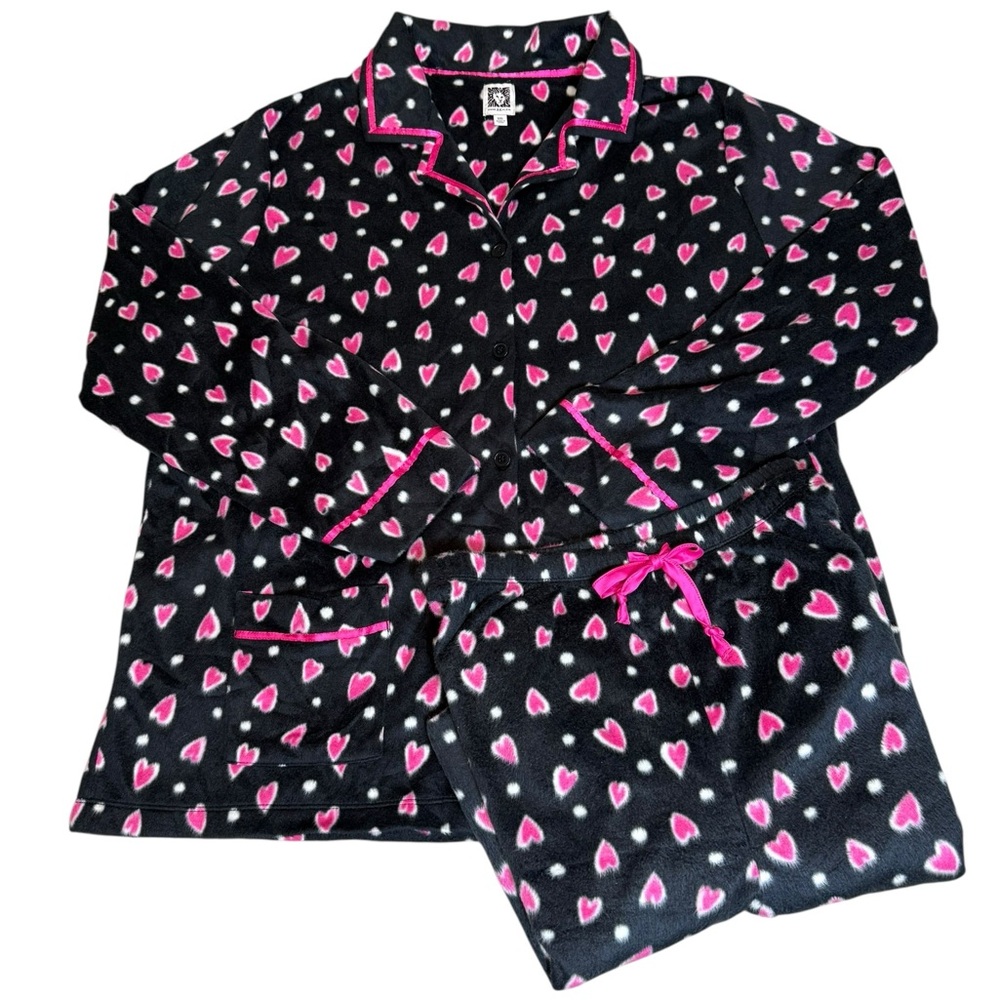 New Anne Klein Women's XXL Black Pink Heart Print Fleece Pajama Set Soft Cozy